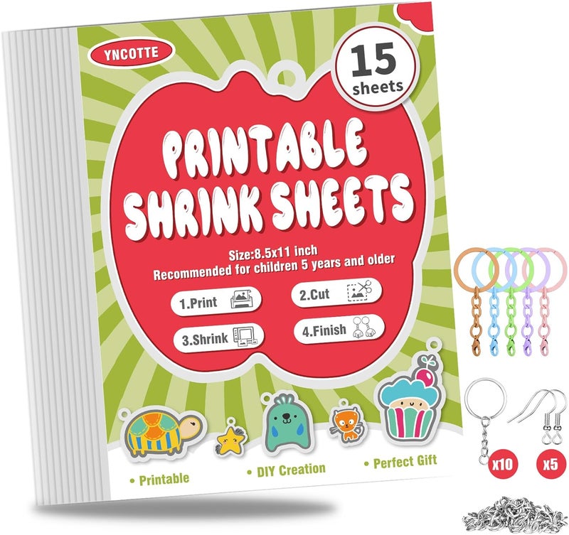 Yncotte 15 Pcs Printable Shrinky Dink Sheets, Safe Printable Shrink Plastic Sheet Films Paper Set with Key Rings, Earring Accessories for Mother's Day, Father's Day Gifts (8.5 x 11 inch) - Image 1